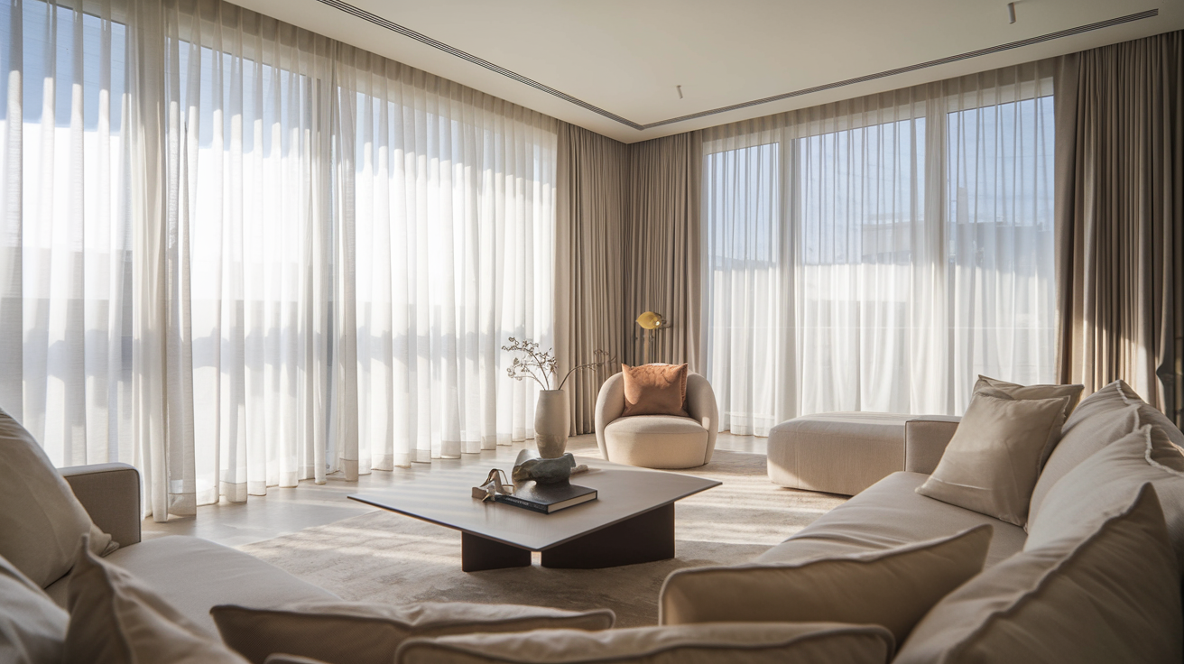 Elegancki salon z panoramicznymi oknami i lekkimi, automatycznymi zasłonami, które wpuszczają naturalne światło. Nowoczesne meble, ciepłe odcienie i inteligentne sterowanie karniszami tworzą luksusową atmosferę.