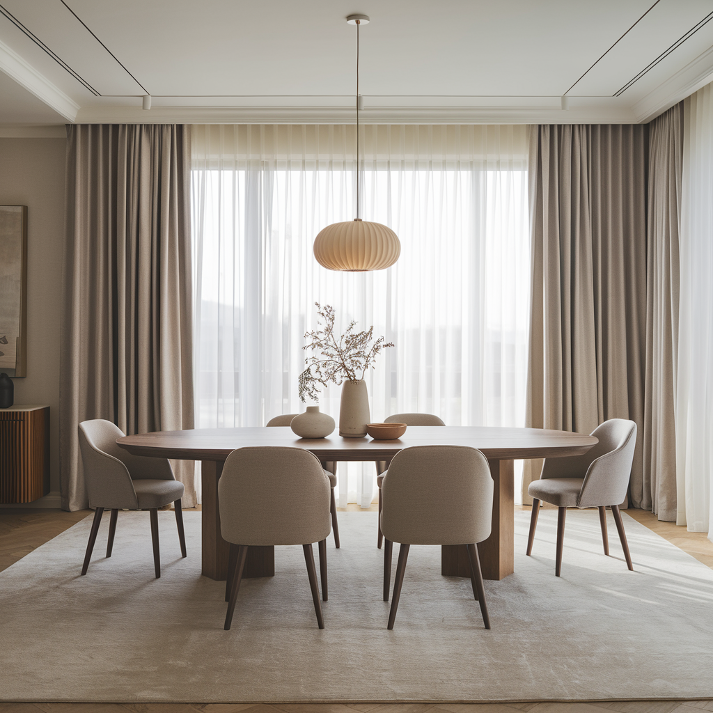 Elegancki salon z panoramicznymi oknami i lekkimi, automatycznymi zasłonami, które wpuszczają naturalne światło. Nowoczesne meble, ciepłe odcienie i inteligentne sterowanie karniszami tworzą luksusową atmosferę.